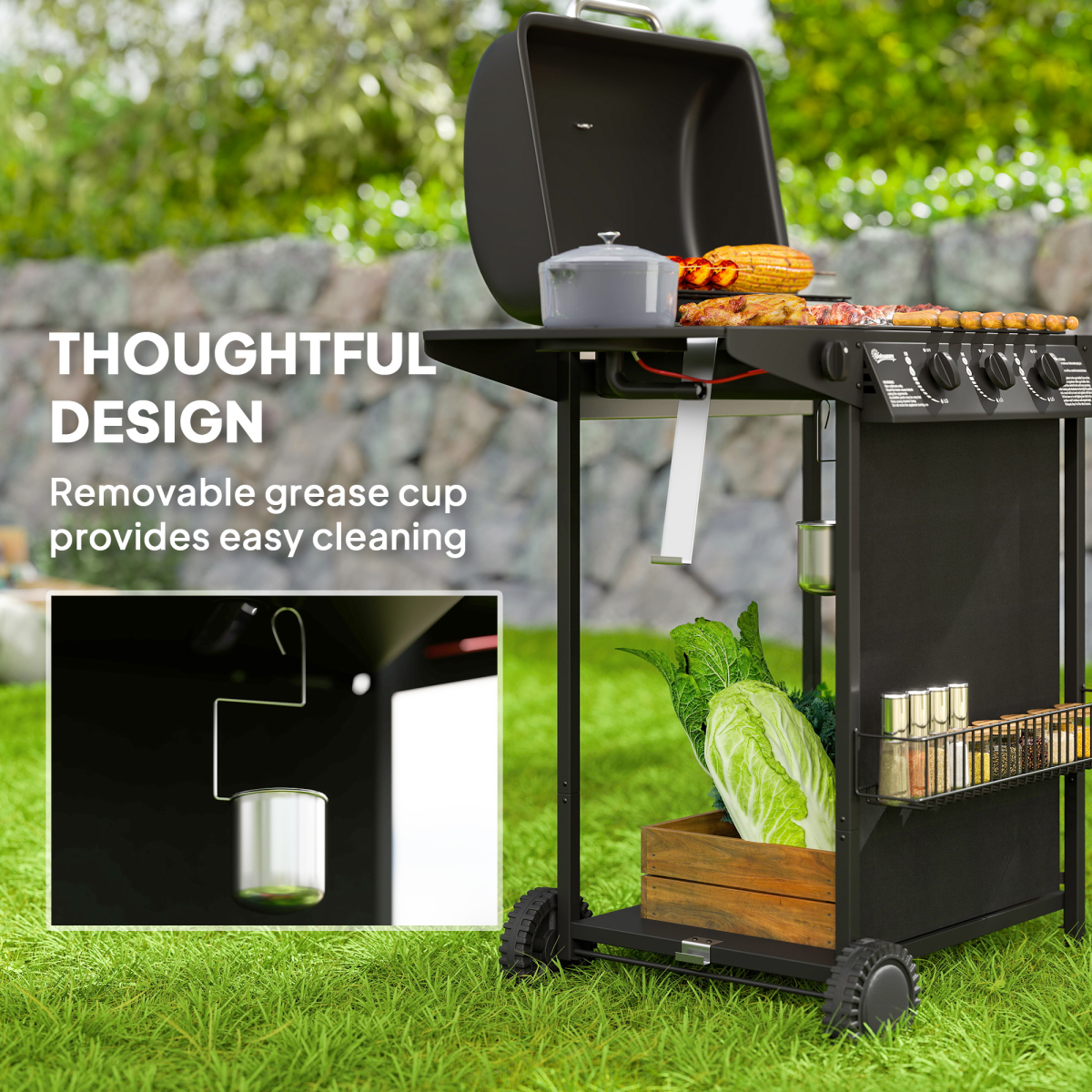 Outsunny 4 Burner Gas Barbecue Grill Portable Gas BBQ Grill with Lid, Black