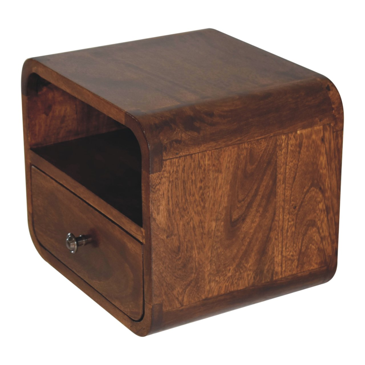 Artisan Furniture Solid Wood Extra Mini Wall Mounted Curved Chestnut Bedside with Open Slot, 1 Drawer, Dark Brown Color