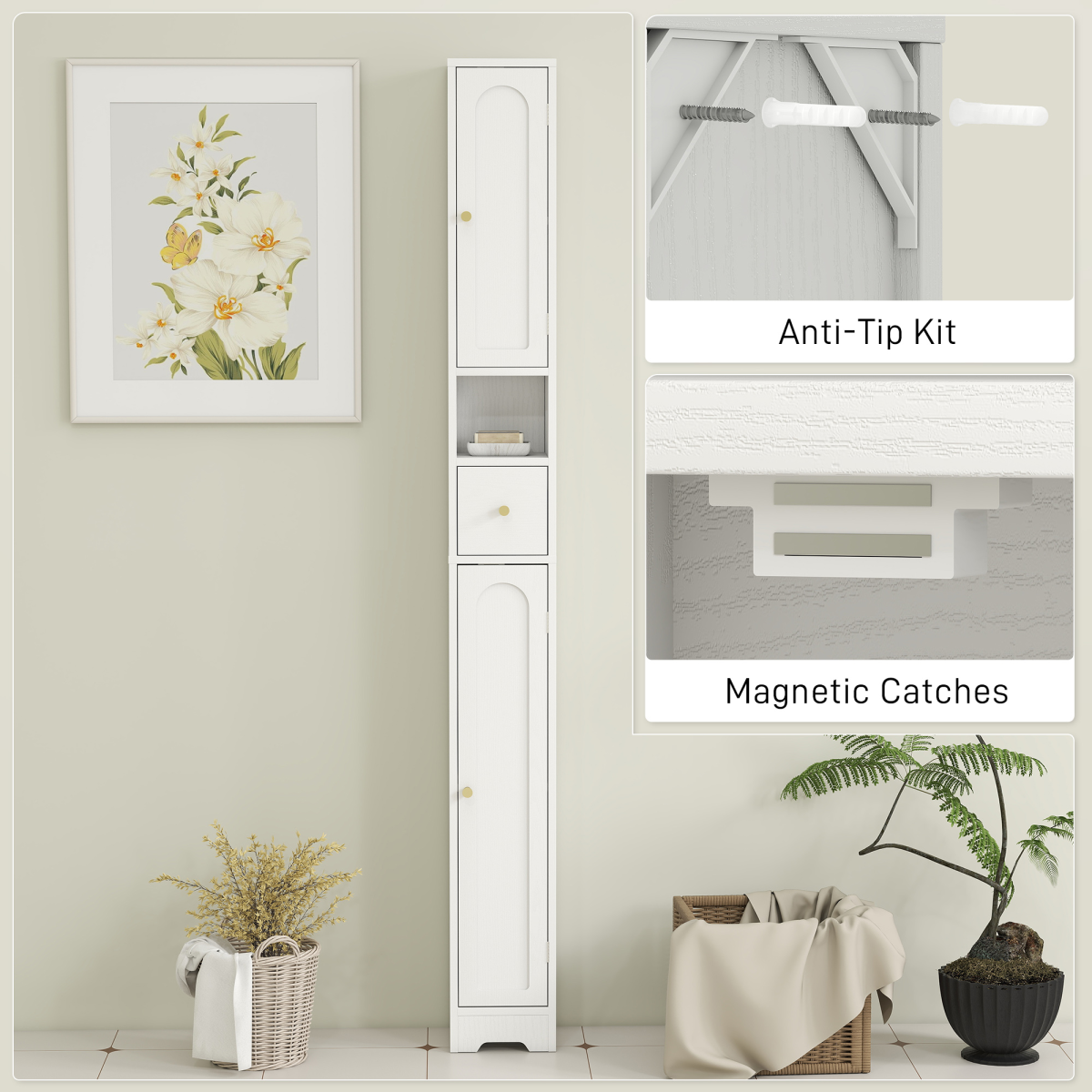 HOMCOM 20cm Slim Bathroom Storage Cabinet with Adjustable Shelves White