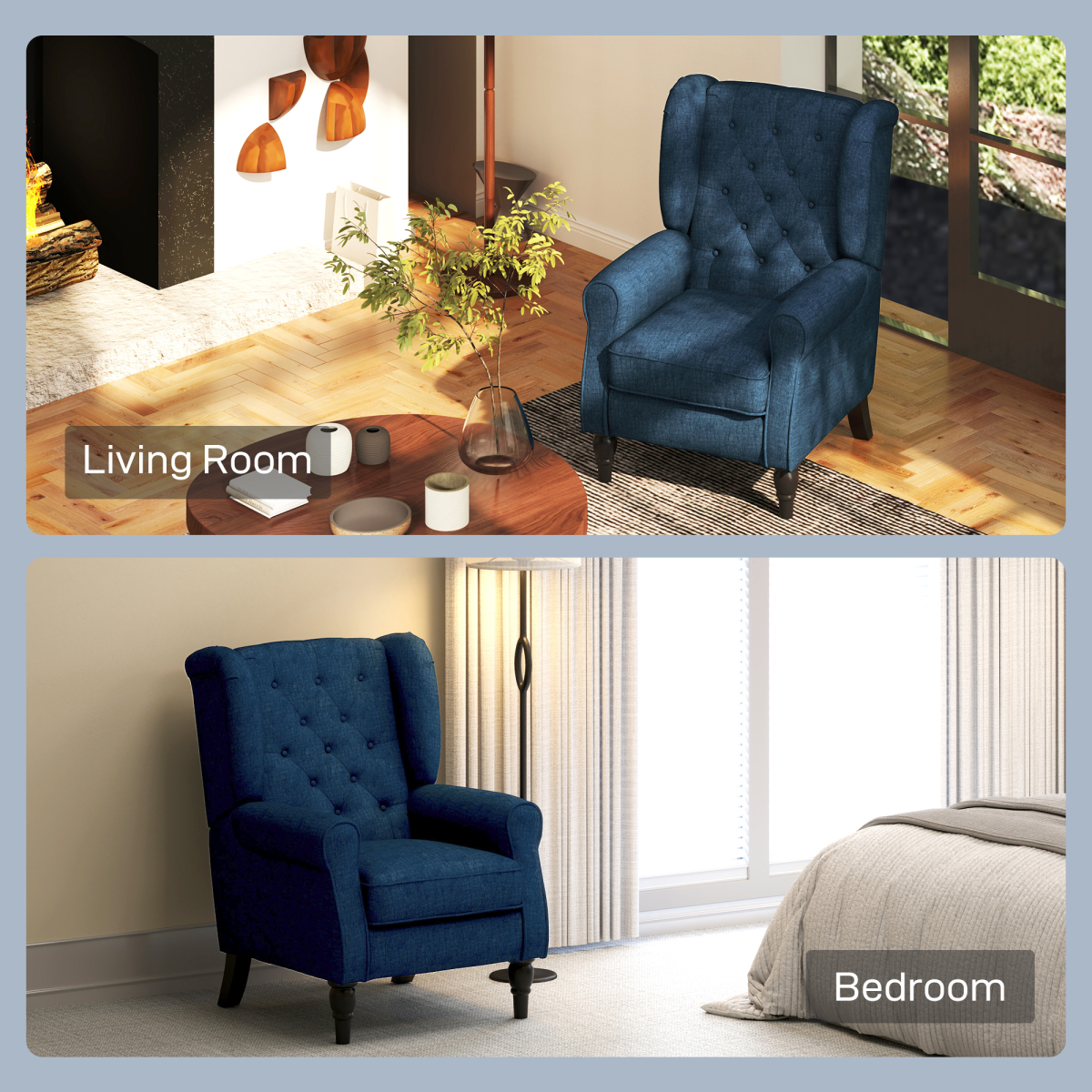 HOMCOM Accent Armchair Home Furniture Retro Tufted Club Wood Fabric Blue