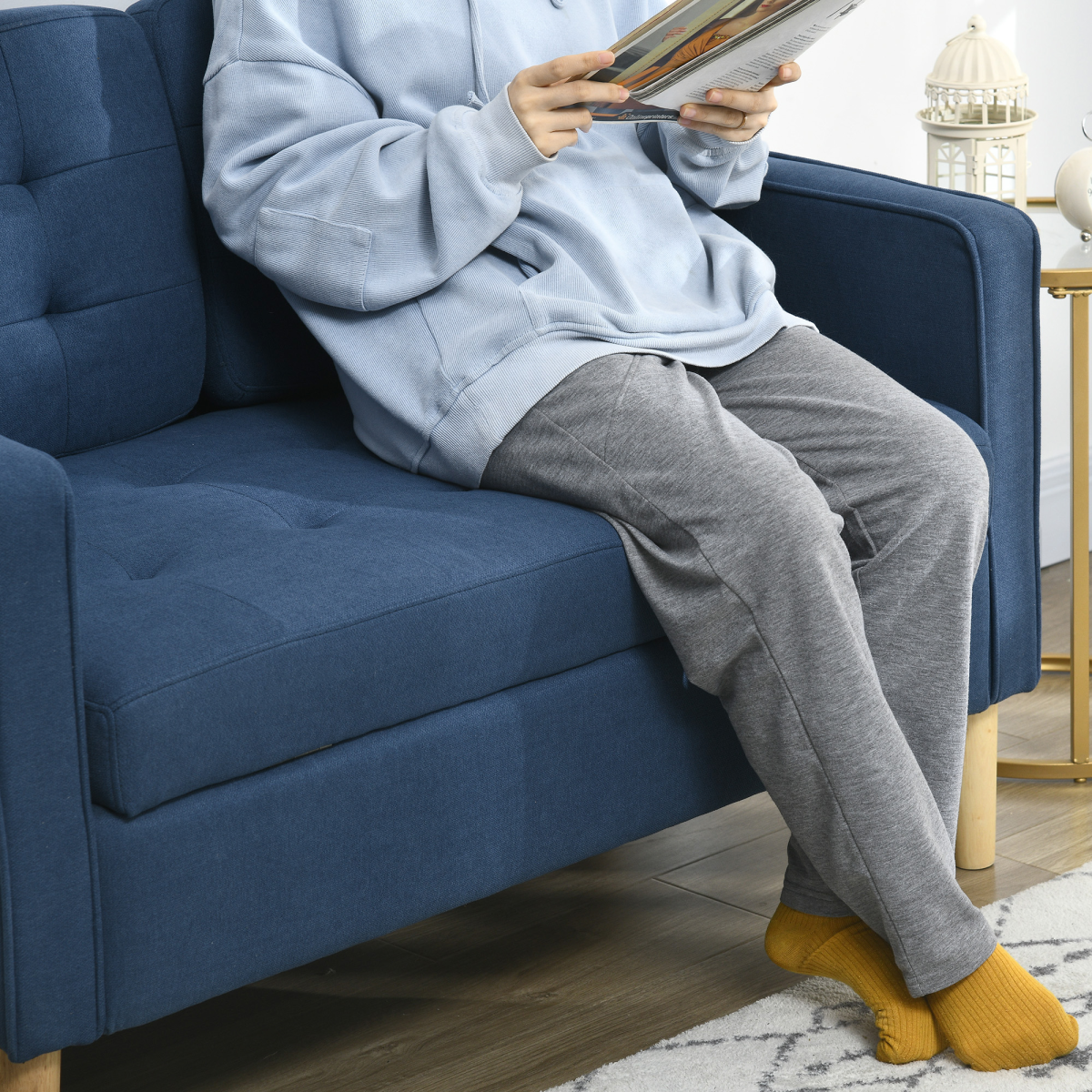 HOMCOM Compact Loveseat Sofa 2 Seater Sofa with Storage and Wood Legs Blue