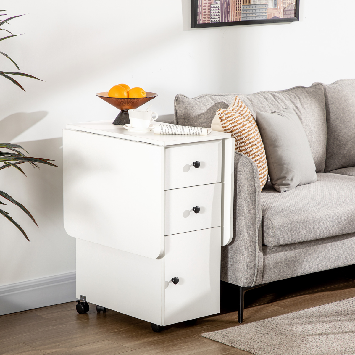 Folding Dining Table, Drop Leaf Table With Storage Drawers White