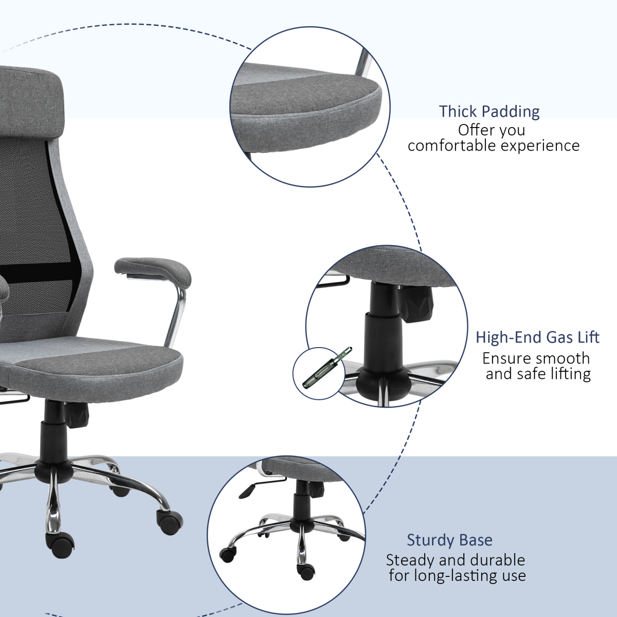 Office Chair Mesh High Back Swivel Task Home Desk Chair w/ Arm, Grey Vinsetto