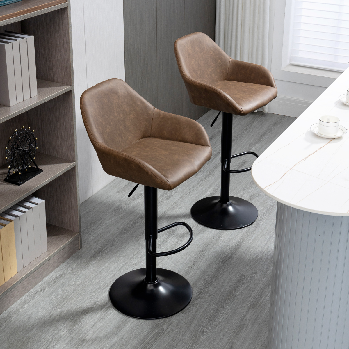 Set of 2, Swivel Barstools Footrest Backrest, PU Leather and Steel Brown