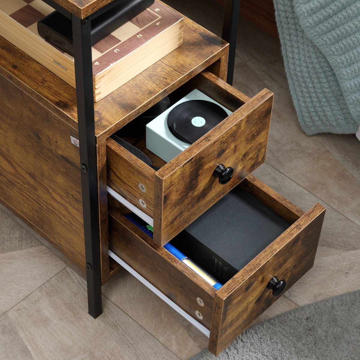 Slim Side Table End Table with 2 Drawers & Storage Shelf for Living Room, Brown