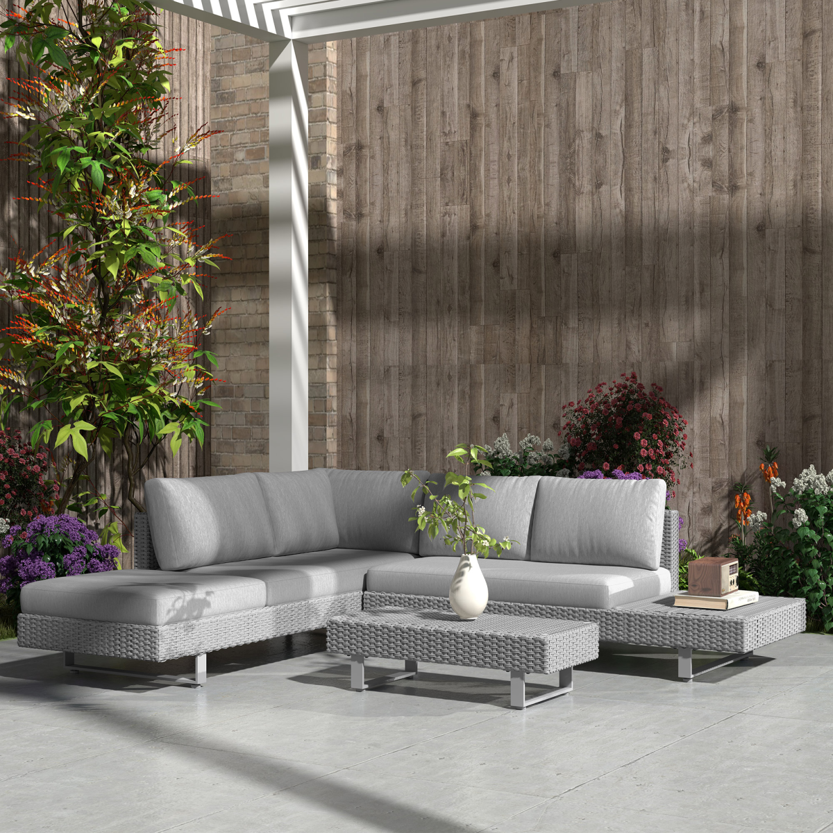 Outsunny 3pc Rattan Wicker Sofa Set with Tea Table & Cushions, Light Grey