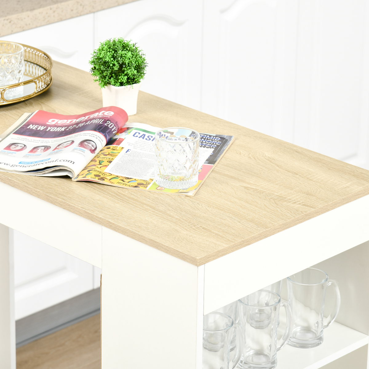 HOMCOM Bar Table Coffee Table Kitchen Dining Table with 4-Tier Shelf Natural