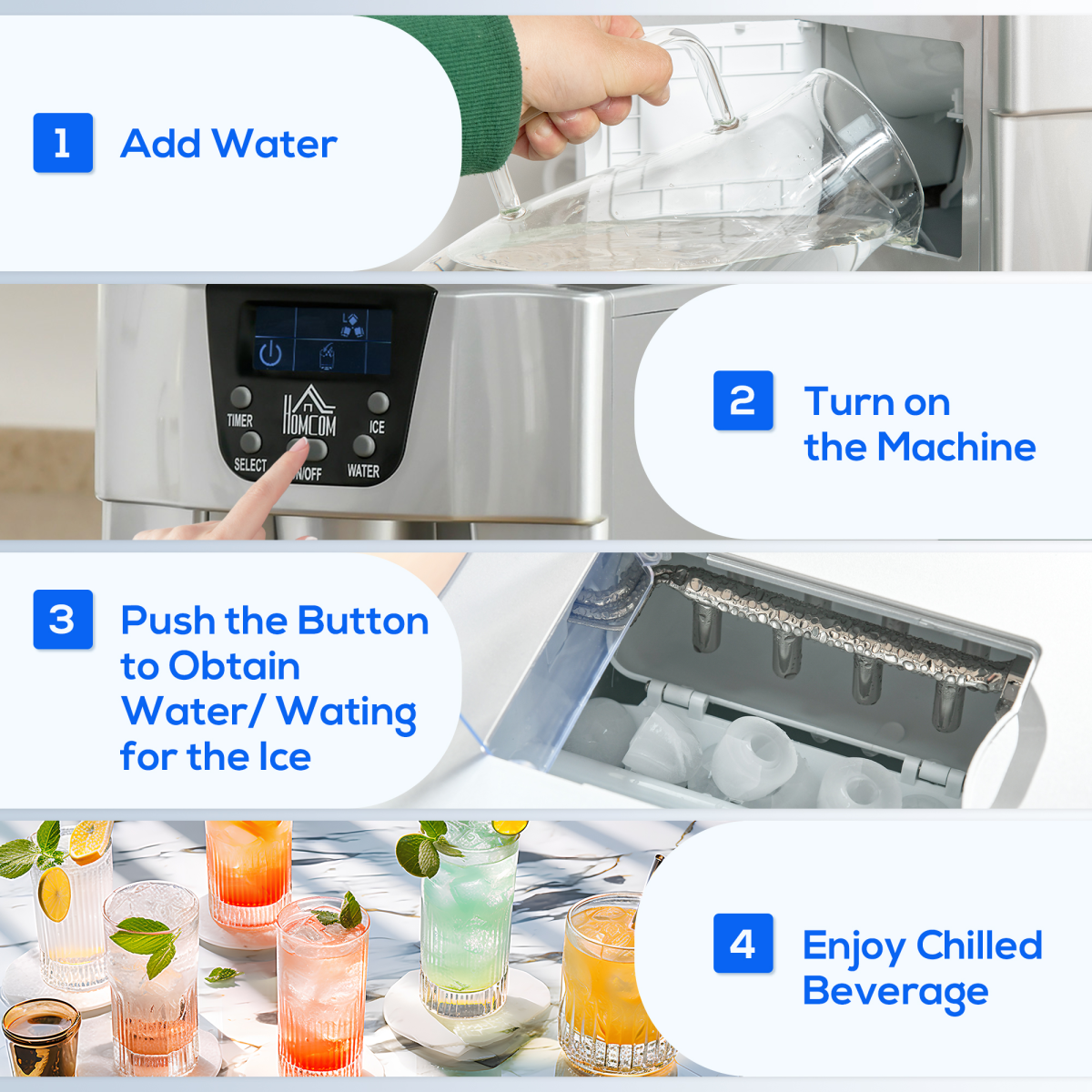 HOMCOM Ice Maker Machine and Water Dispenser No Plumbing Required Silver
