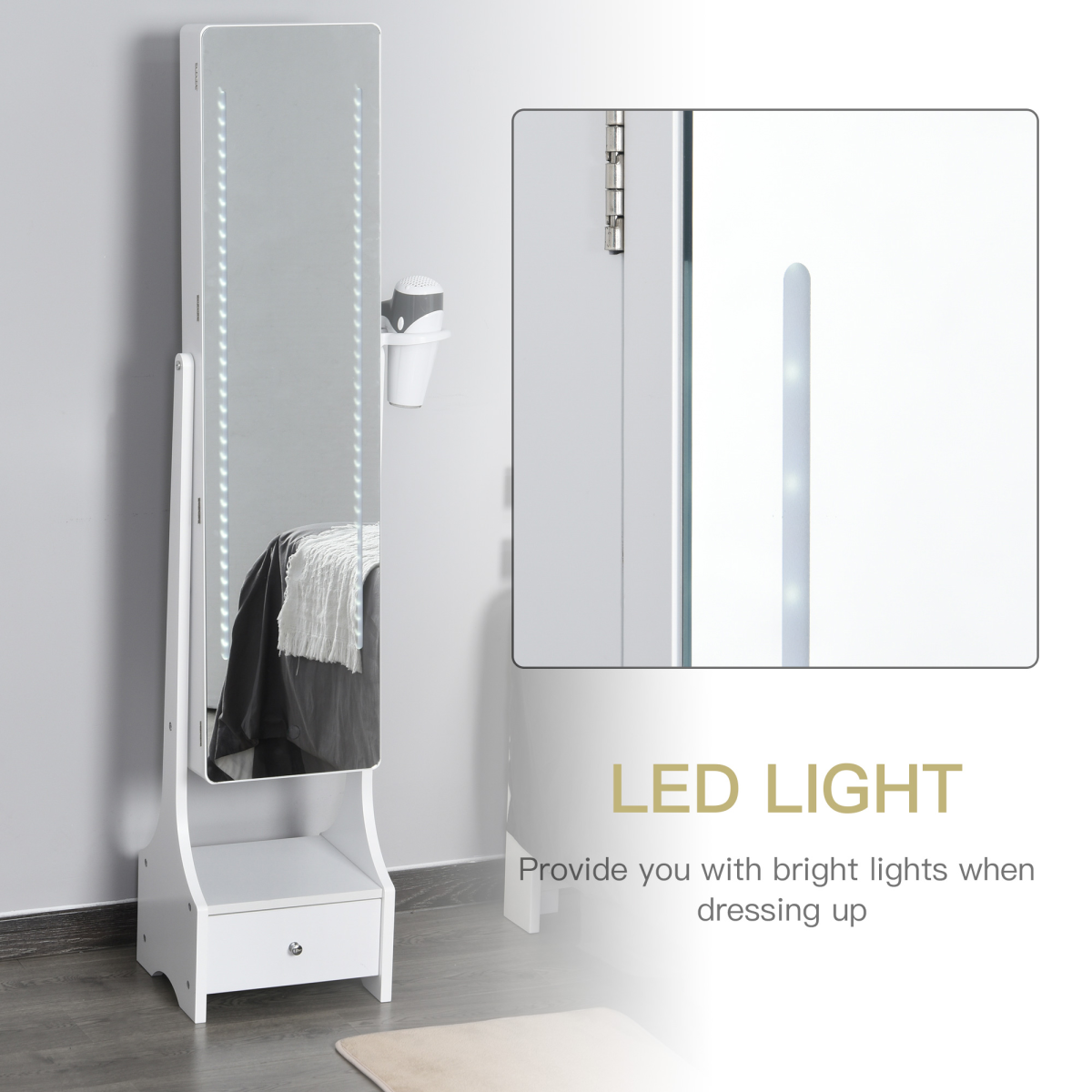 Freestanding Jewellery Storage Mirror Armoire  LED Lights Hooks Drawer