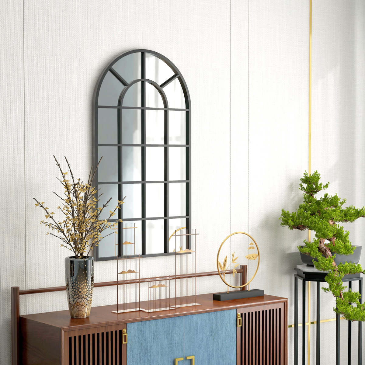 HOMCOM Modern Arch Window Wall Mirror for Living Room Bedroom, 110x62cm, Black