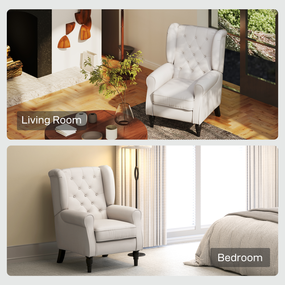 HOMCOM Accent Armchair Home Furniture Retro Tufted Club Wood Fabric Cream White