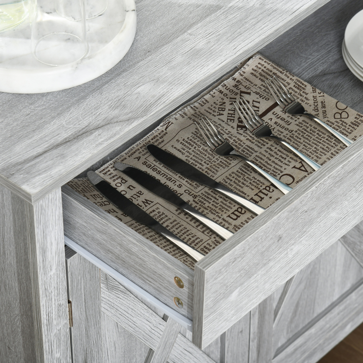 Farmhouse Barn Door Sideboard Buffet Storage Cabinet Coffee Bar Grey Grain