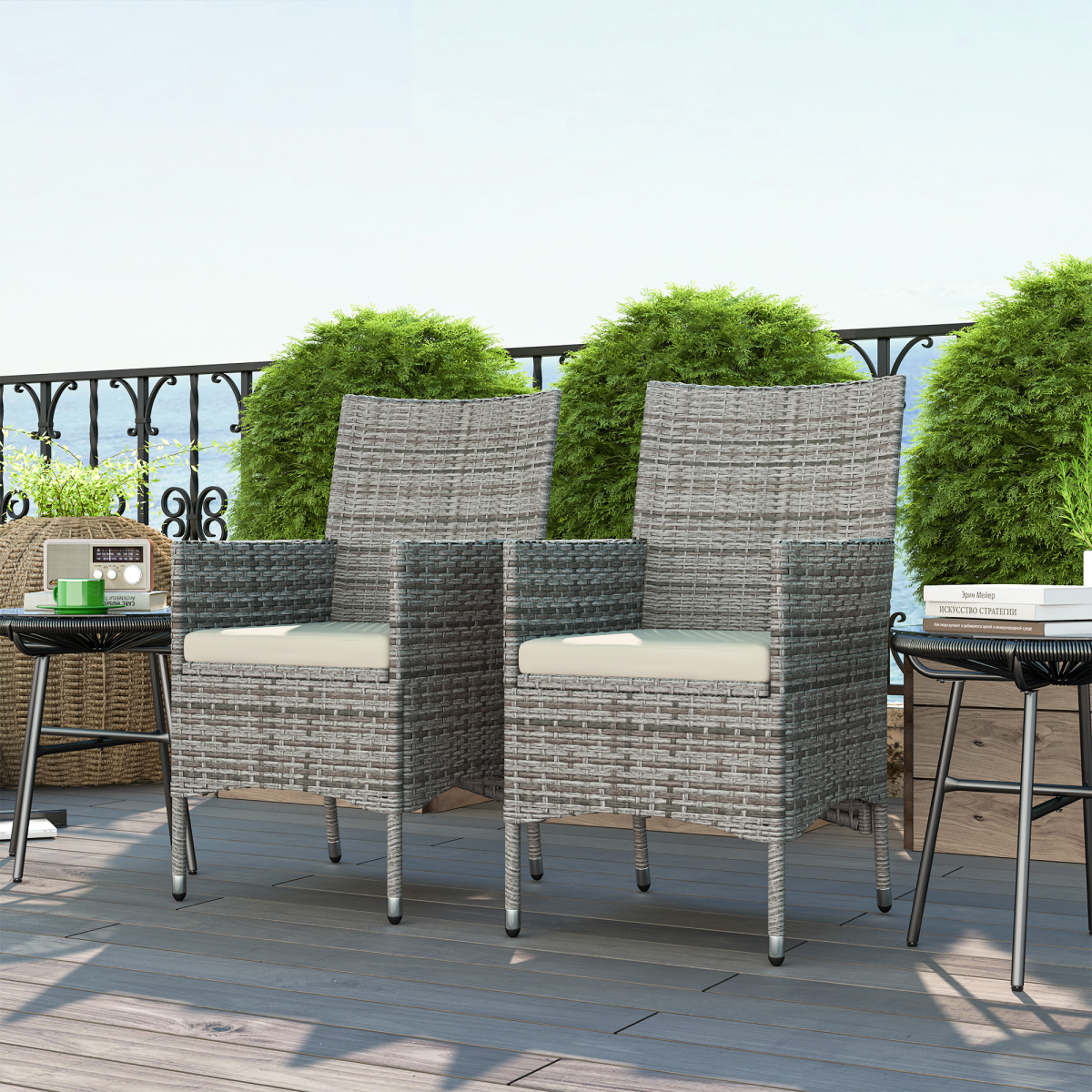Outsunny 2 Pieces Outdoor Rattan Armchair Garden Dining Chair Set Mixed Grey