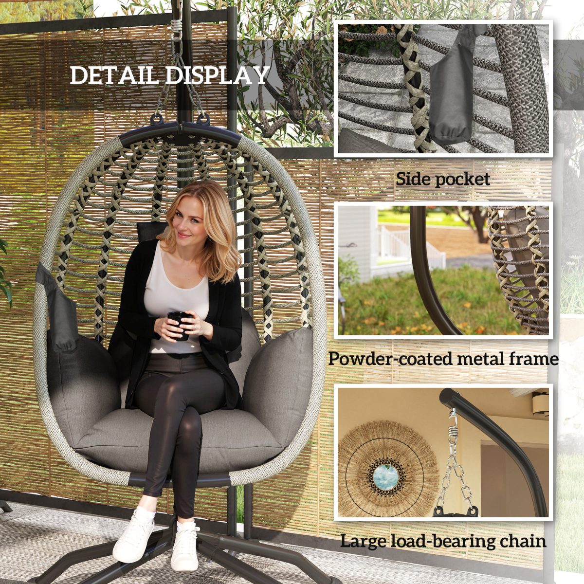 Comfortable Dark Grey Folding Basket Chair with Cup Holders for Relaxation