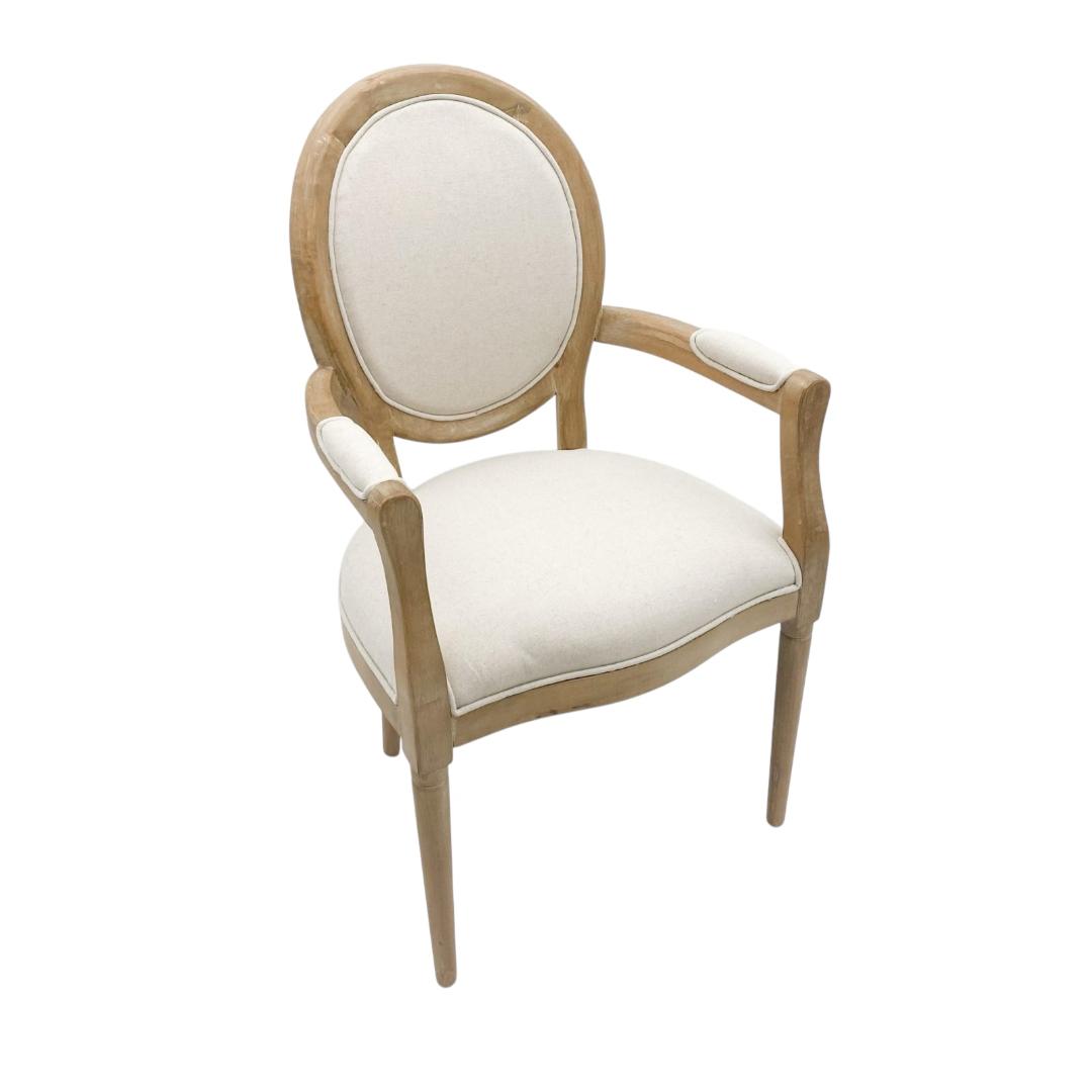 Elegant and Comfortable 94CM Louis Style Cream Linen Armchair - Oak/Grey Frame French Style Dining Chair with High Back Design for Modern Home Décor or Dining Spaces (Grey Frame Cream Linen)