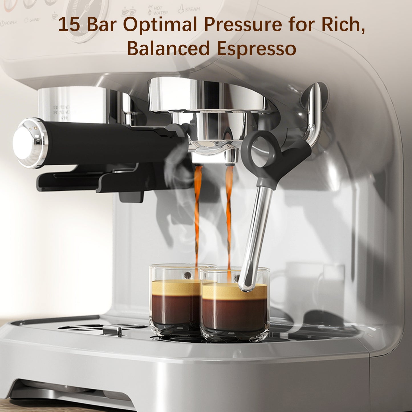 HOMCOM Espresso Machine, Bean Grinder & Steam Wand, 15 Bar Pressure, Silver.