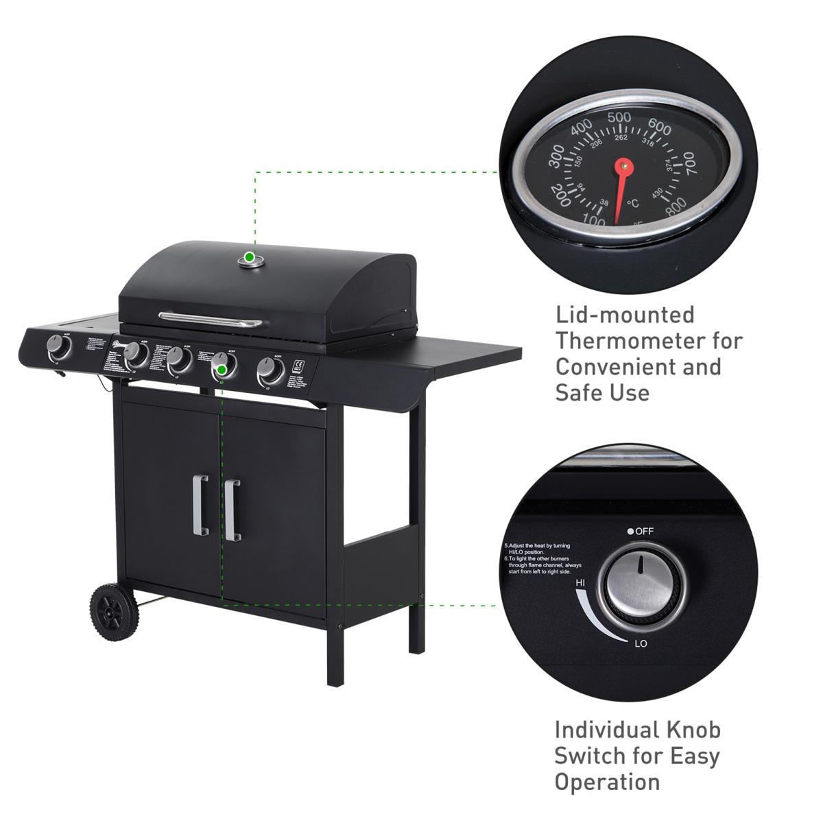 4 Gas BBQ Grill with Wheels, Steel-Black