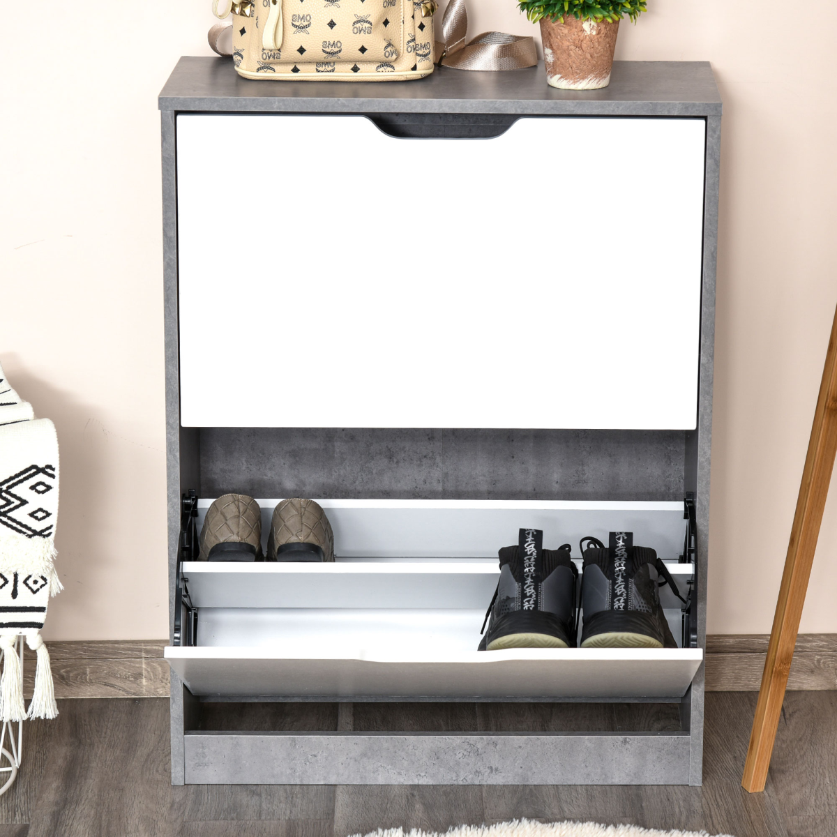 Two Drawer Shoe Cabinet Home Storage Organiser  Groove Handles Hallway HOMCOM