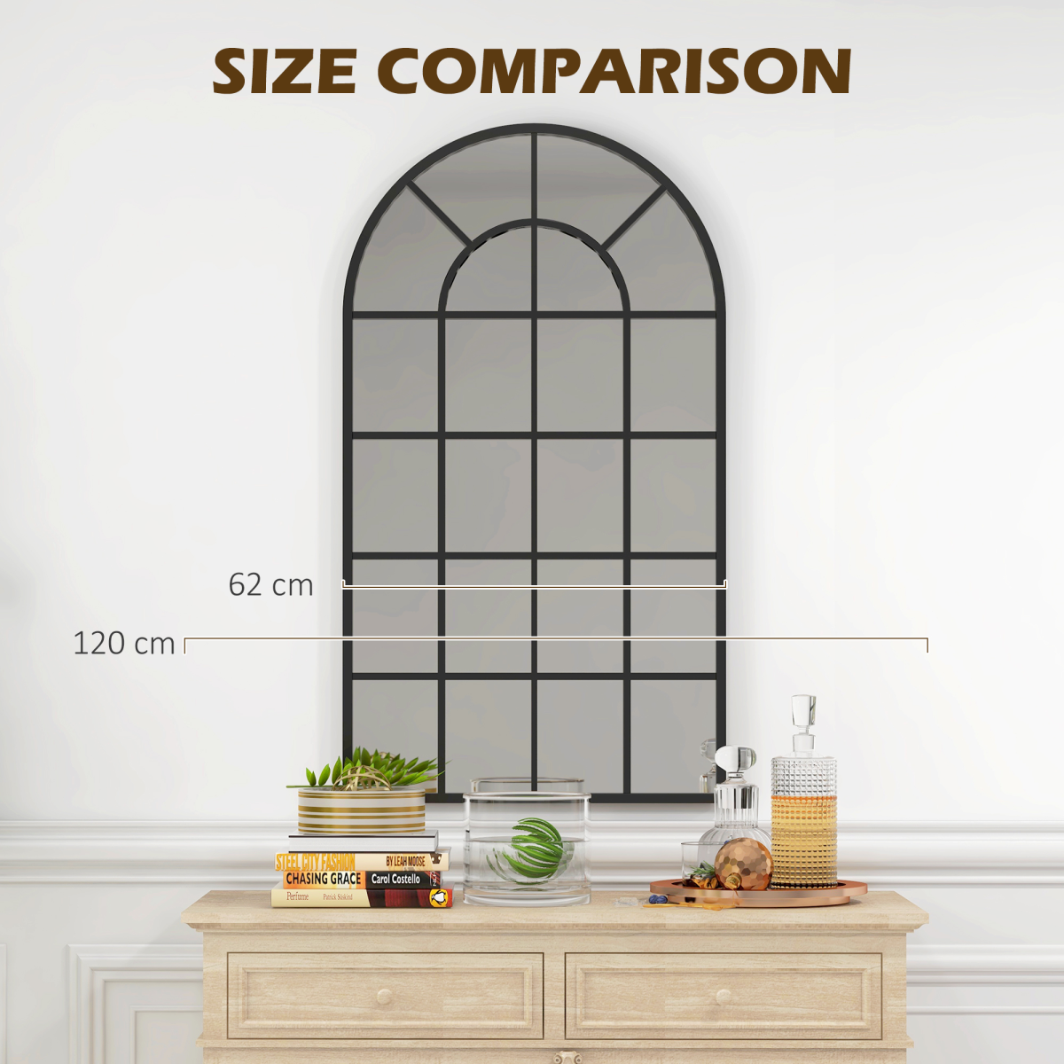 HOMCOM Modern Arch Window Wall Mirror for Living Room Bedroom, 110x62cm, Black
