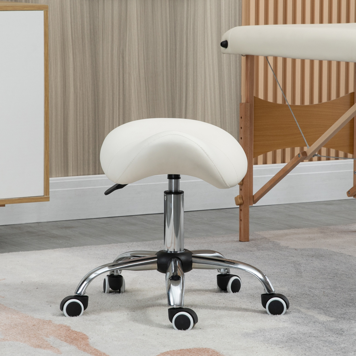 Saddle Stool Hydraulic Rolling Faux Leather Height Adjust Mobility Chair Cream