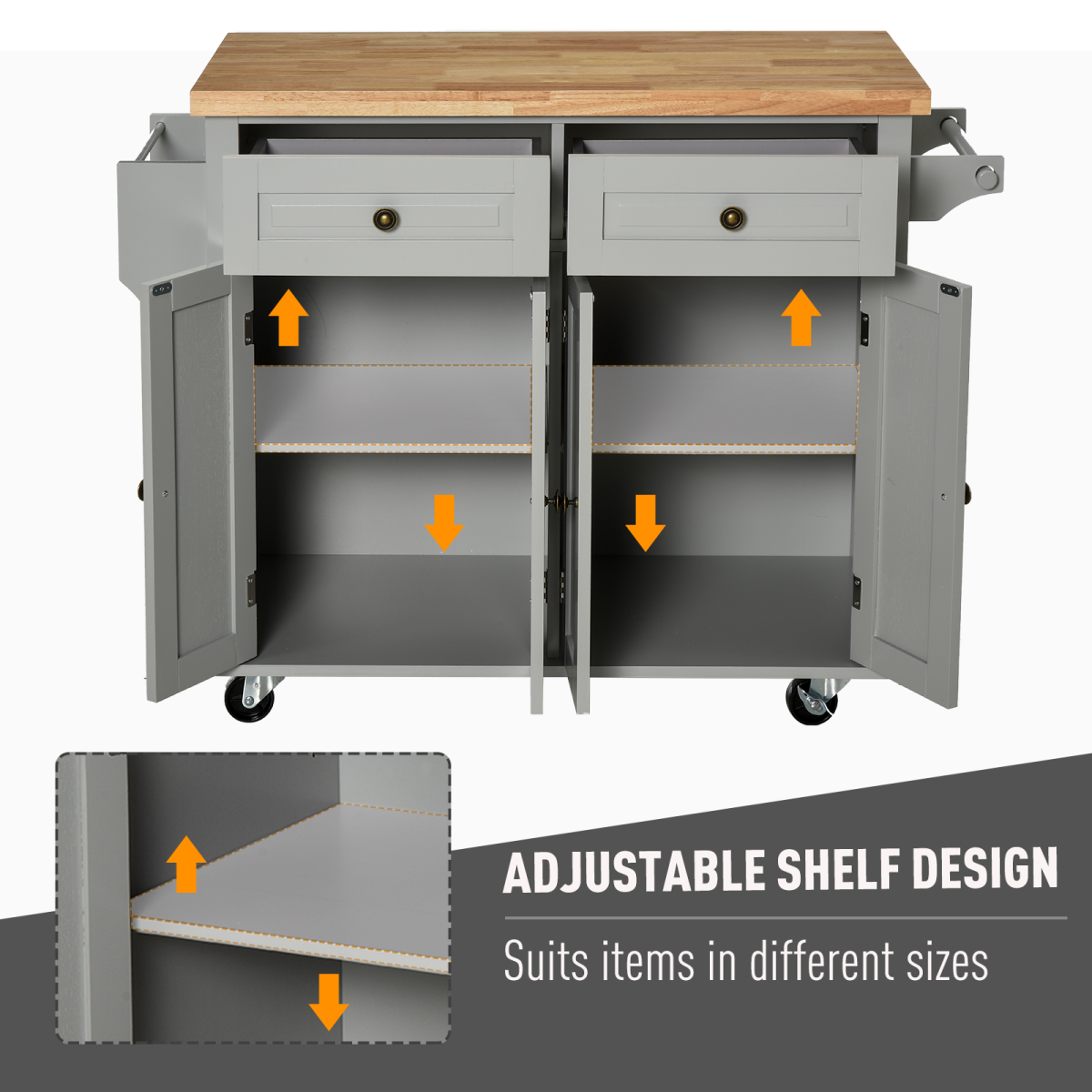 Rolling Kitchen Island Cart  Rubber Wood Top, Spices, and Towel Rack