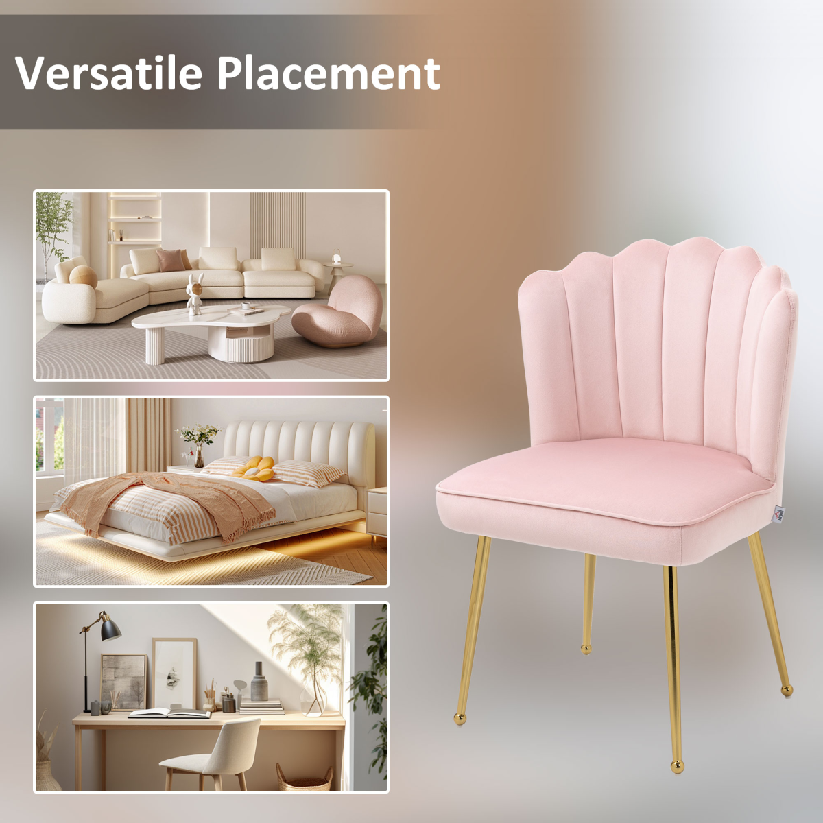 Velvet-Feel Shell Luxe Accent Chair Home Bedroom Lounge with Metal Legs Pink