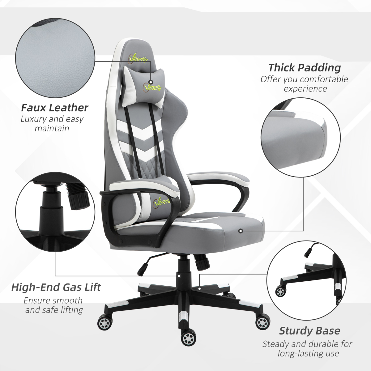 Racing Gaming Chair w/ Lumbar Support, Headrest, Gamer Office Chair, Grey White