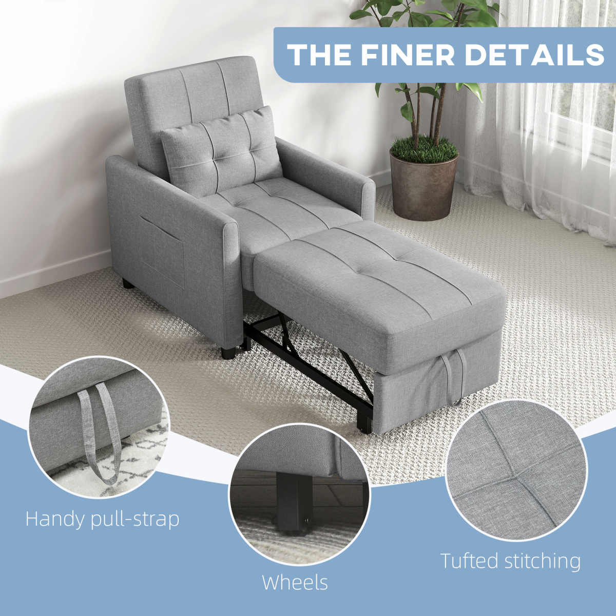 HOMCOM Pull Out Chair Bed, Sleeper Chair with Pillow, Side Pockets, Light Grey