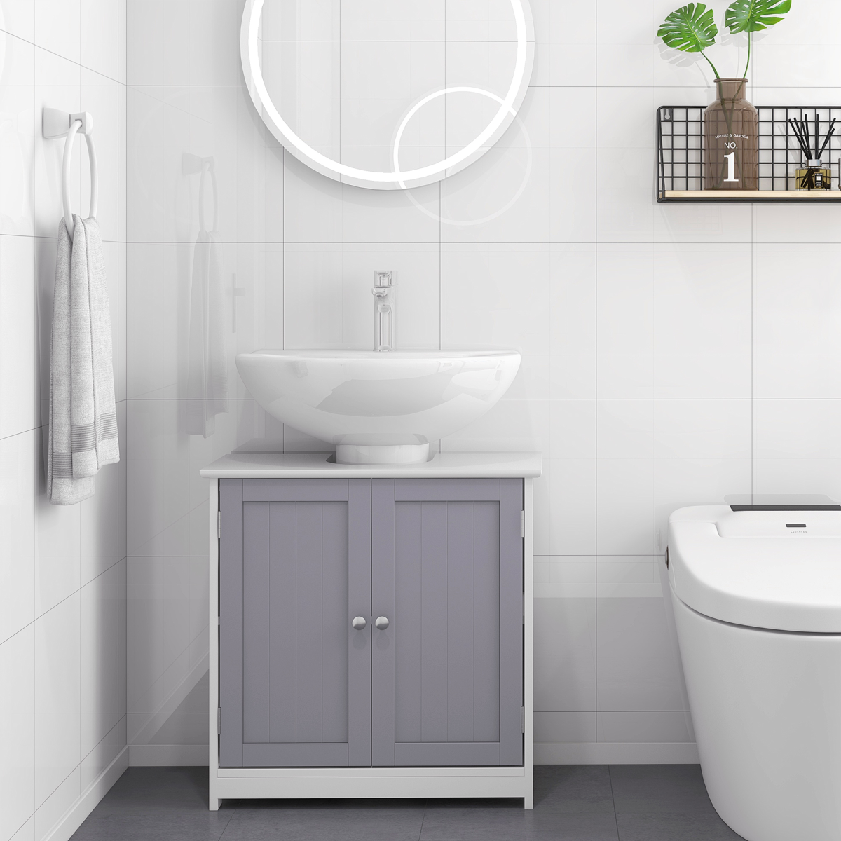 kleankin 60x60cm Under-Sink Storage Cabinet w/ Adjustable Shelf Grey White