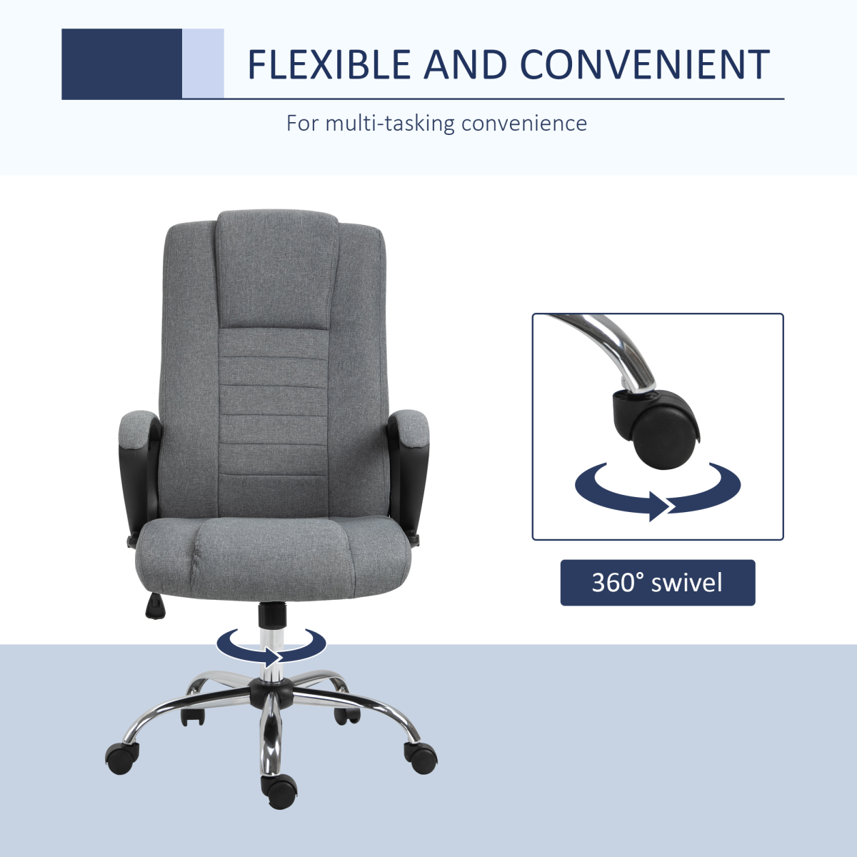Linen Office Chair 360??Swivel High Back Wide Adjustable Seat Grey Vinsetto