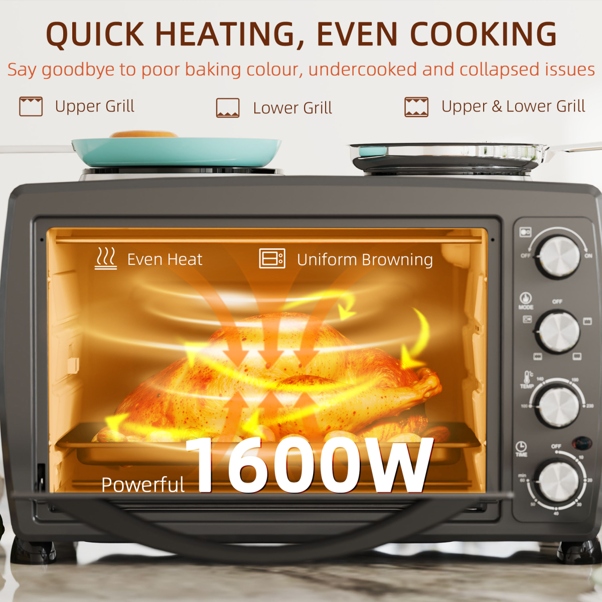 HOMCOM 36L Countertop Toaster Oven with 2 Hot Plates, Grill, Roast, Bake