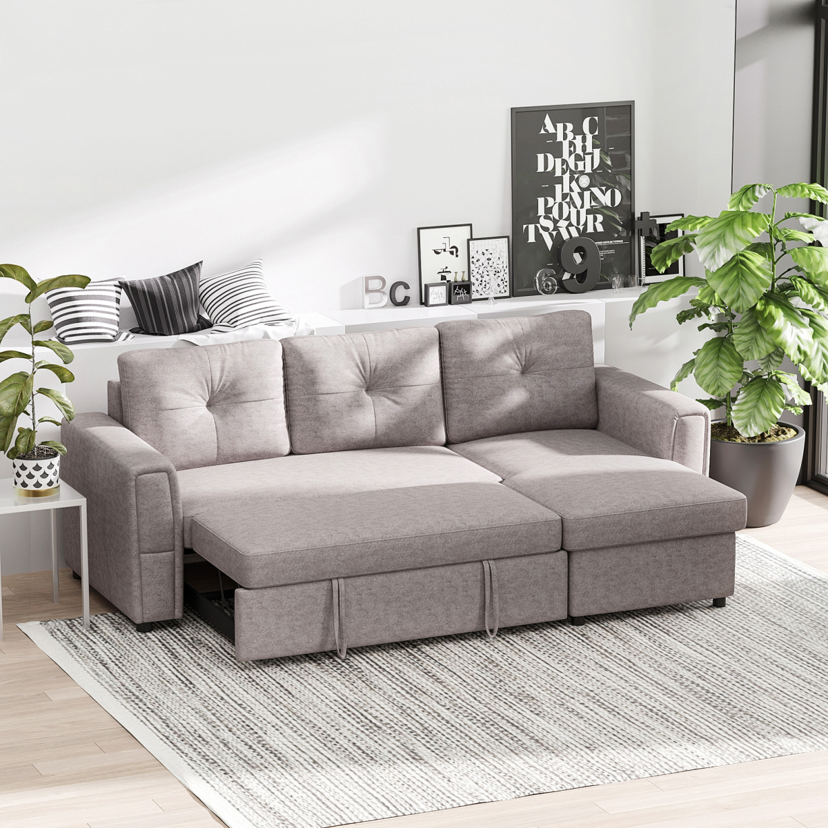 HOMCOM Linen-Look L-Shaped Sofa Bed w/ Storage Bed Sleeper Flat Studio Grey
