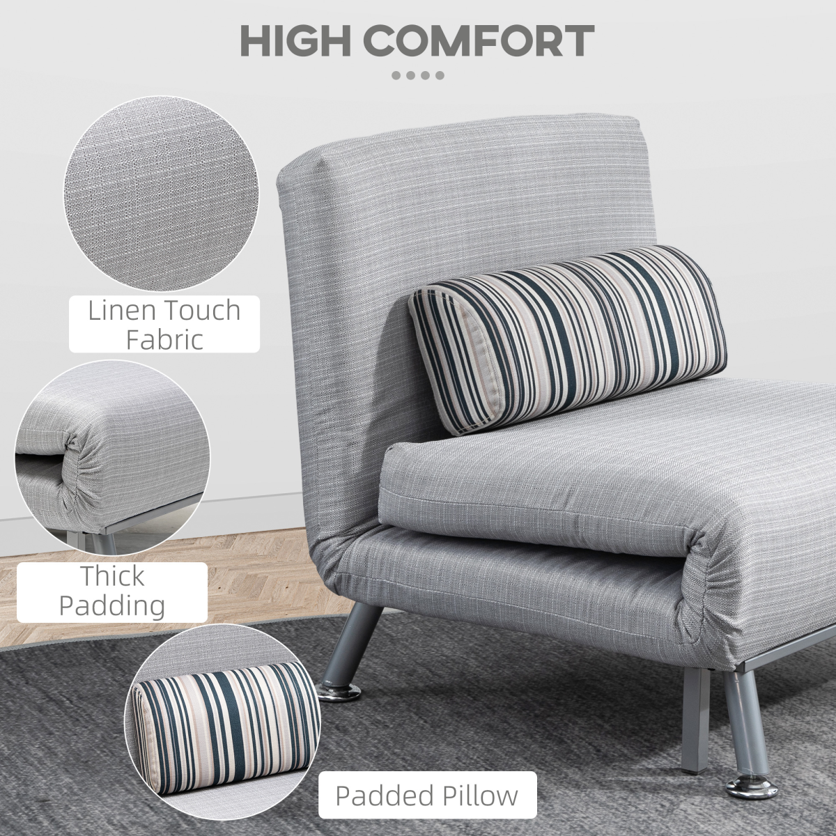 Single Sofa Bed Folding Chair Bed w/ Steel Frame Padding Pillow Grey, Silver