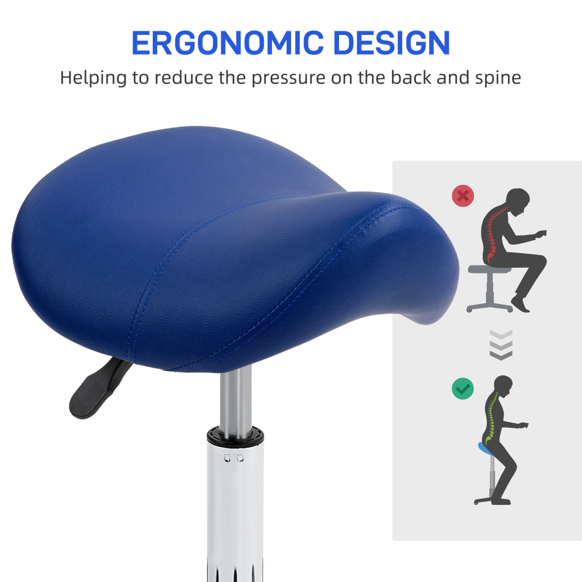HOMCOM PU Leather Saddle Stool w/ Moulded Padded Seat Adjustable Height Blue