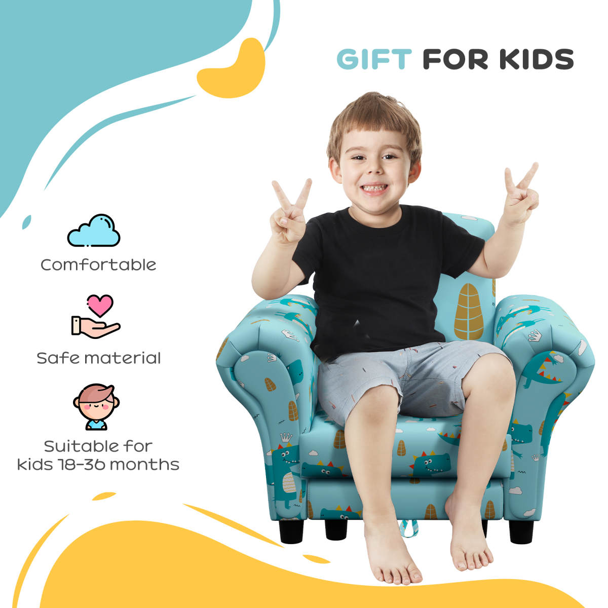AIYAPLAY 2 Piece Kids Sofa Set with Dinosaur Design, for Nursery, Blue