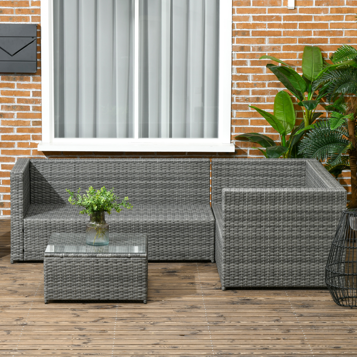 Outsunny 3Pcs Rattan Corner Sofa Set Coffee Table Garden Furniture w/ Cushion