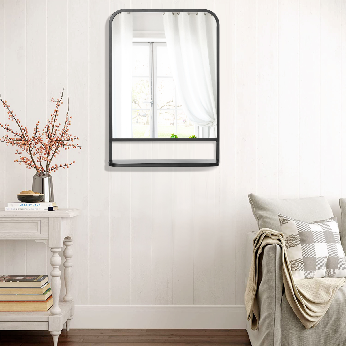 Square Wall Mirror with Shelf, 70x50 cm Modern Mirrors for Living Room, Bedroom