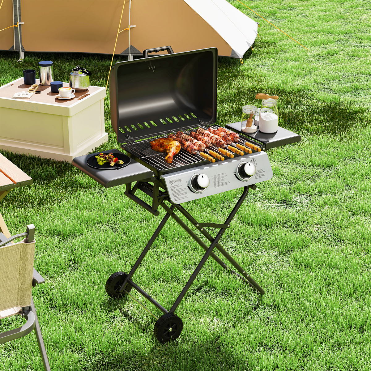 Outsunny Portable Foldable Gas Barbecue Grill with Thermometer, Lid, Black
