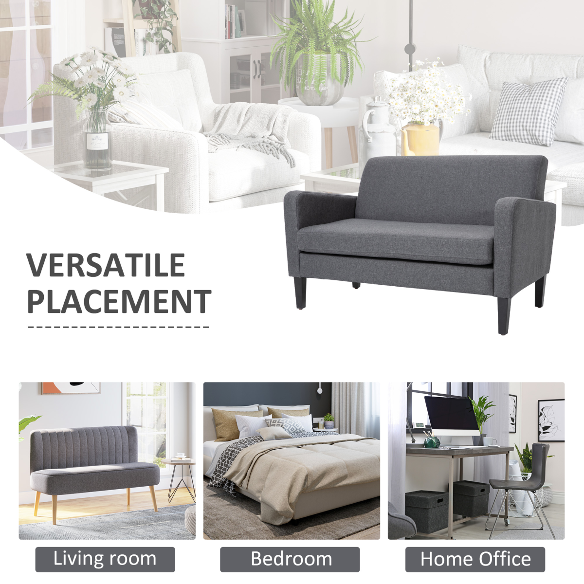 Linen Modern-Curved 2-Seat Sofa Loveseat w/ Thick Cushion Wood Legs Grey