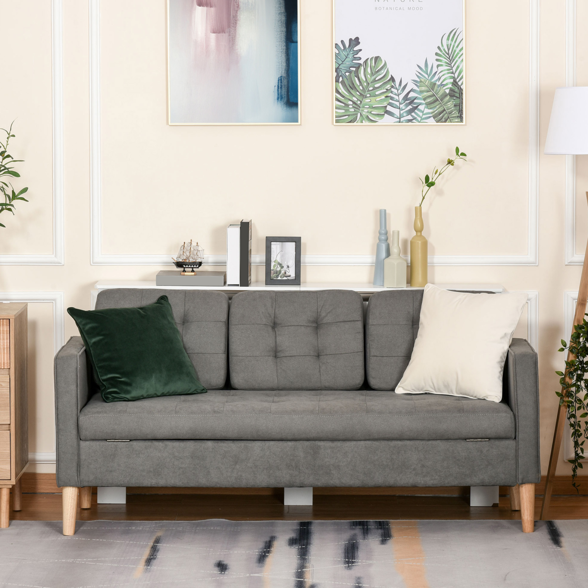3-Seater Sofa Button-Tufted Fabric Couch with Hidden Storage, Rubberwood Legs