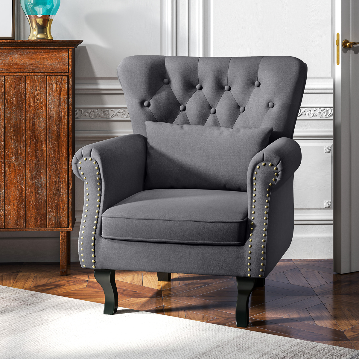 HOMCOM Vintage Armchair Wingback Accent Chair with Naihead Trim Dark Grey