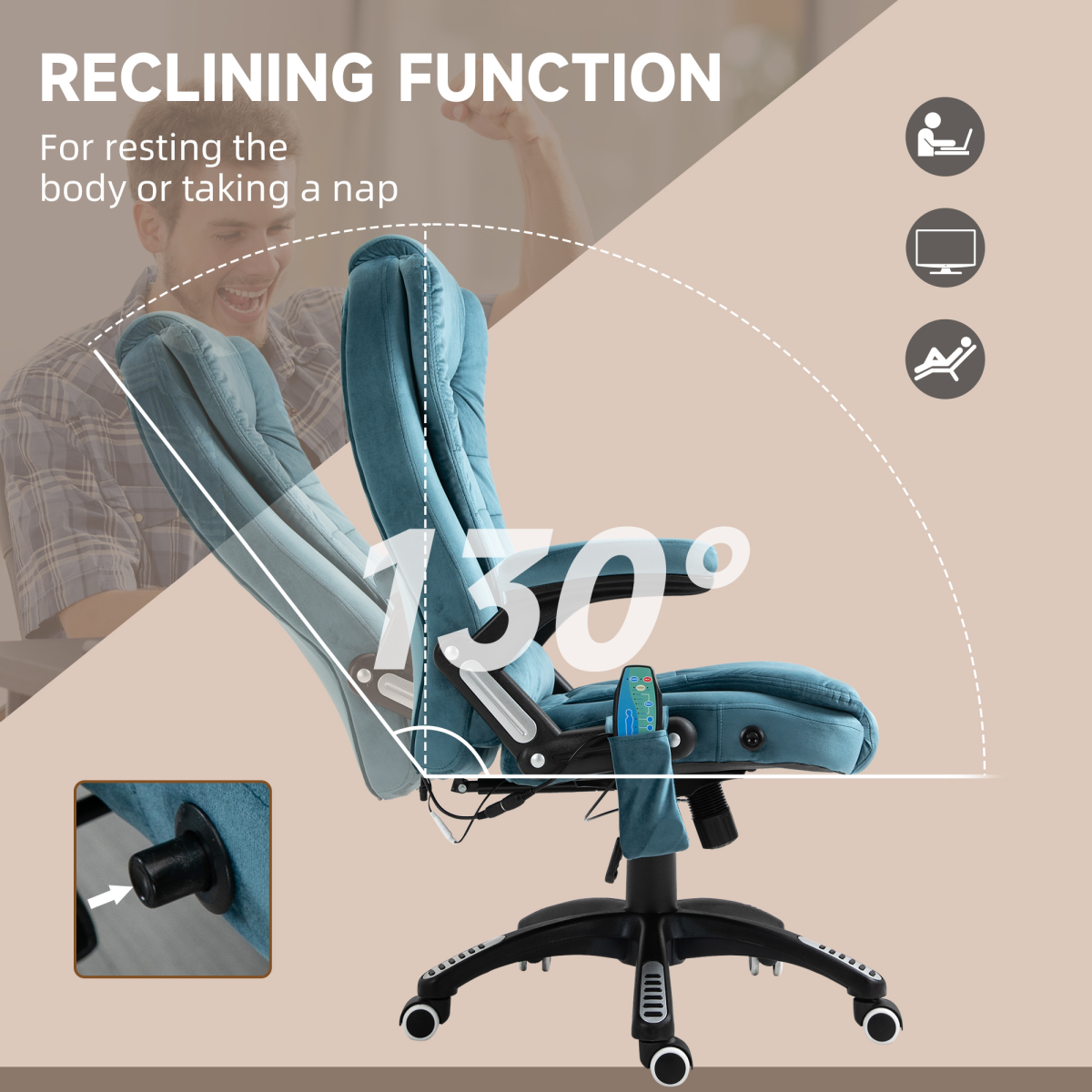 Executive Reclining Chair w/ Heating Massage Points Relaxing Headrest Blue