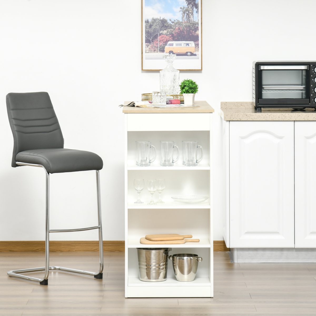 HOMCOM Bar Table Coffee Table Kitchen Dining Table with 4-Tier Shelf Natural