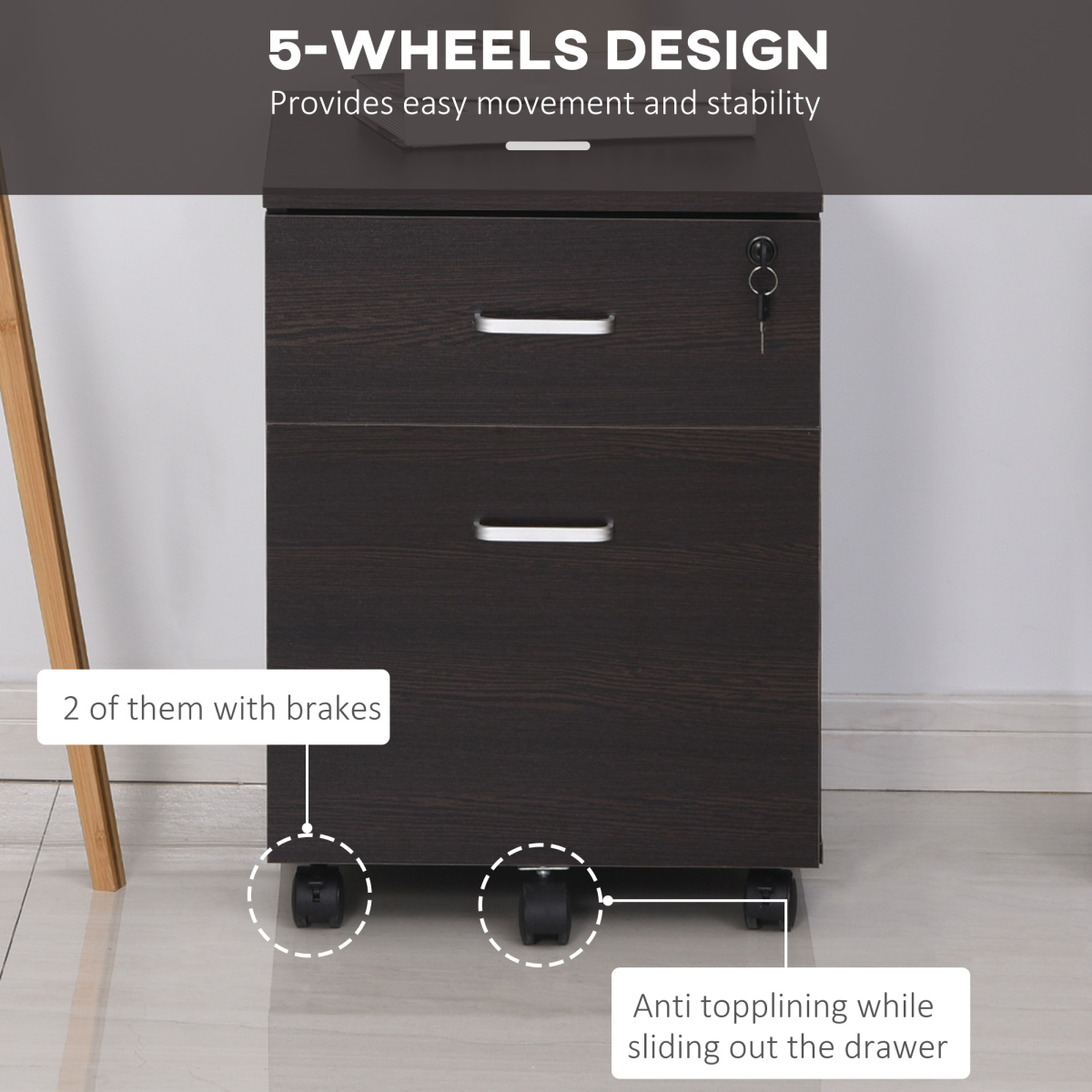 2-Drawer Locking Office Filing Cabinet 5 Wheels Rolling Storage Brown Vinsetto