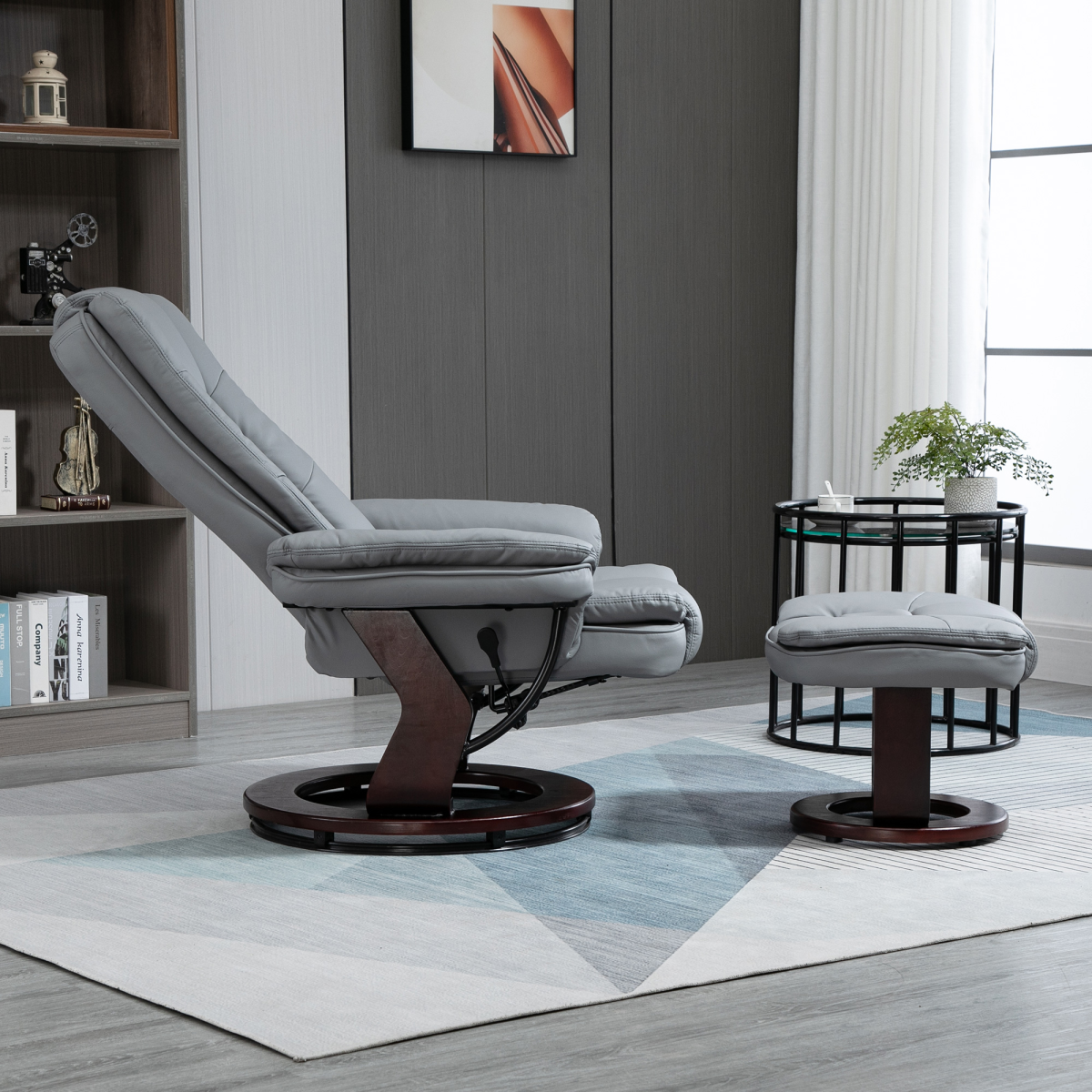 Swivel Manual Recliner and Footrest Set PU Lounge Chair Wood Base, Grey