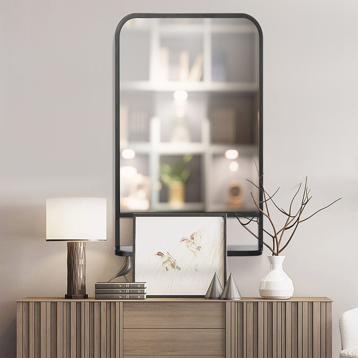 Square Wall Mirror with Shelf, 86x53 cm Modern Mirrors for Living Room, Bedroom
