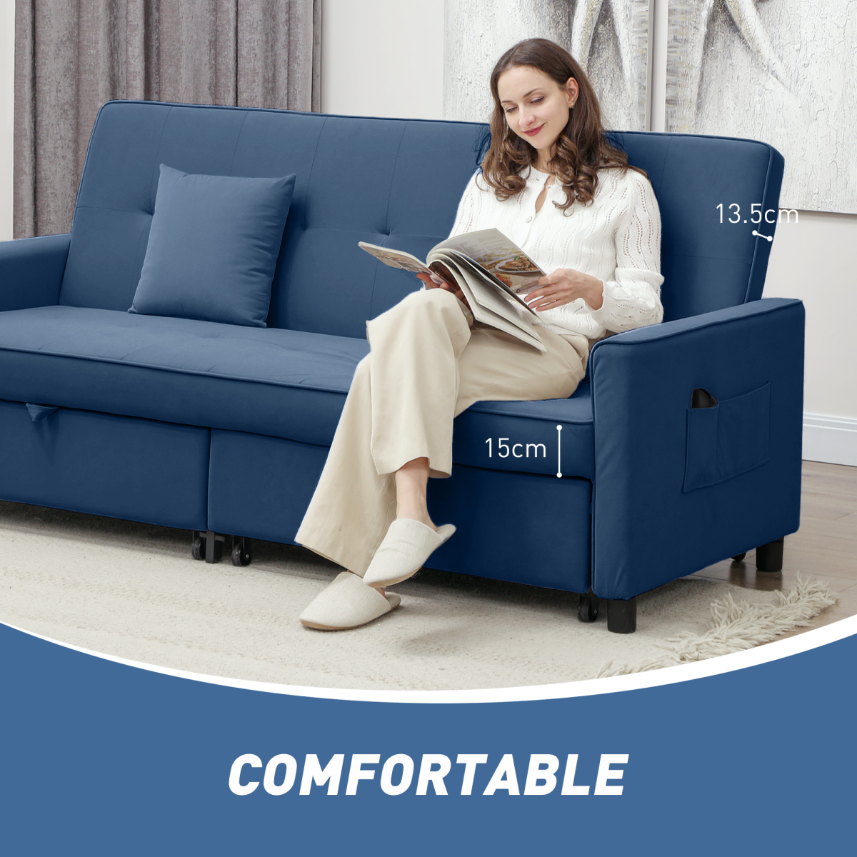 HOMCOM Reversible L-Shaped Sectional Sofa Bed with Cushions, Blue