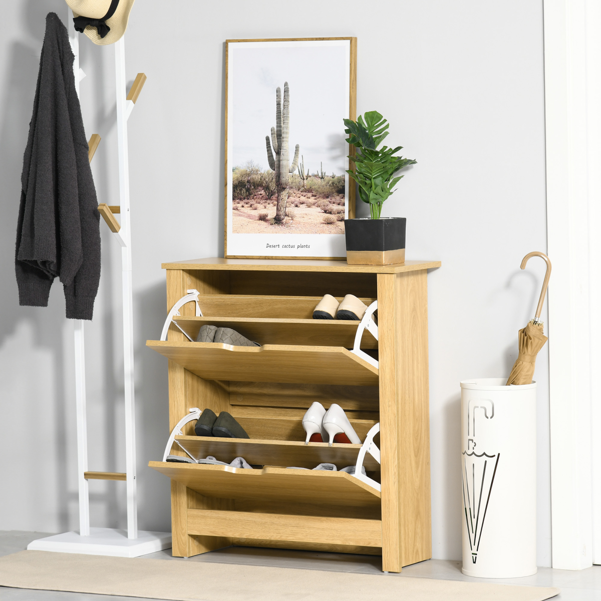 12-Shoe Storage Cabinet 4 Shelves 2 Drawers Tabletop 4 Legs Brown