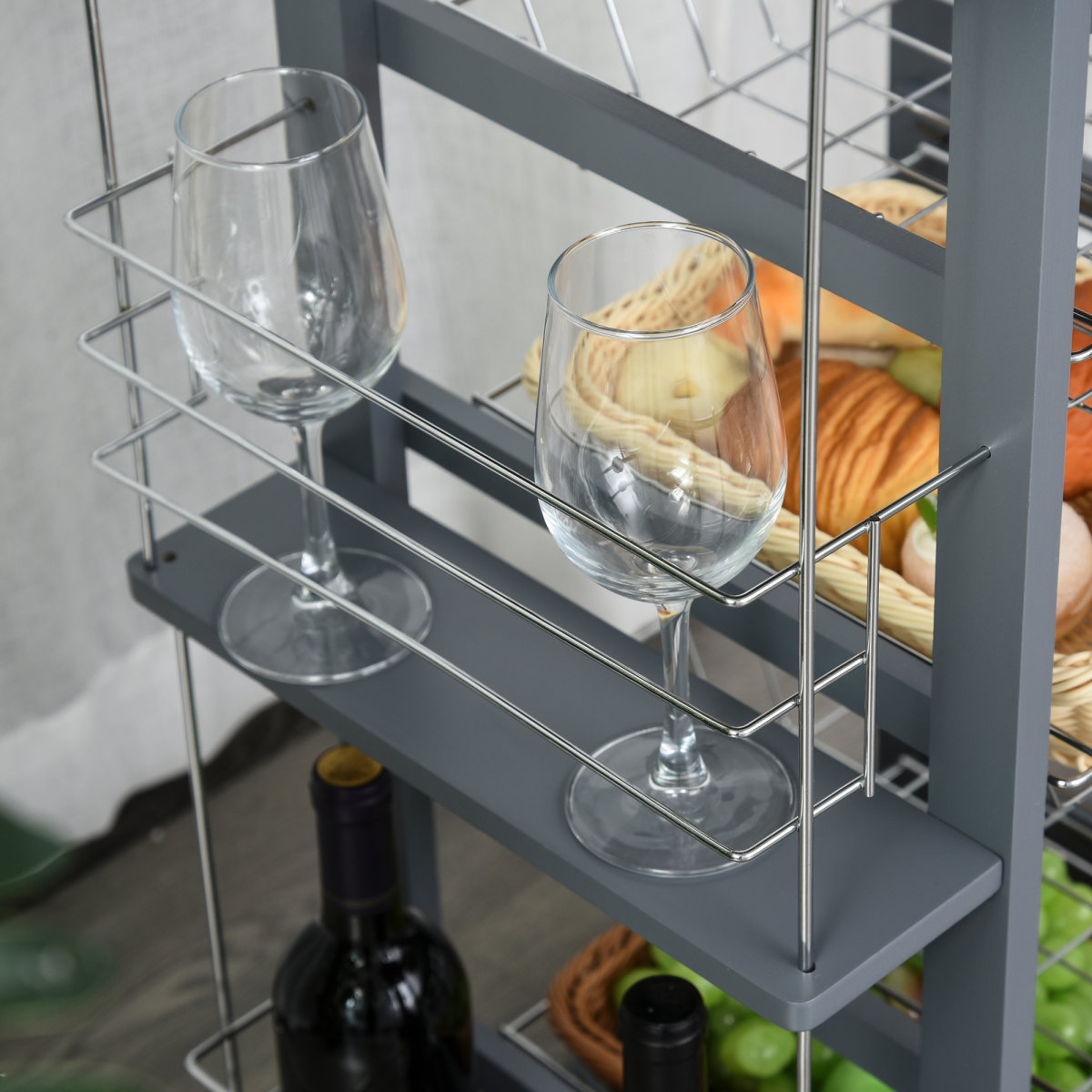 Kitchen Island Trolley w/ 4 Baskets 2 Side Racks Drawer Dark Grey