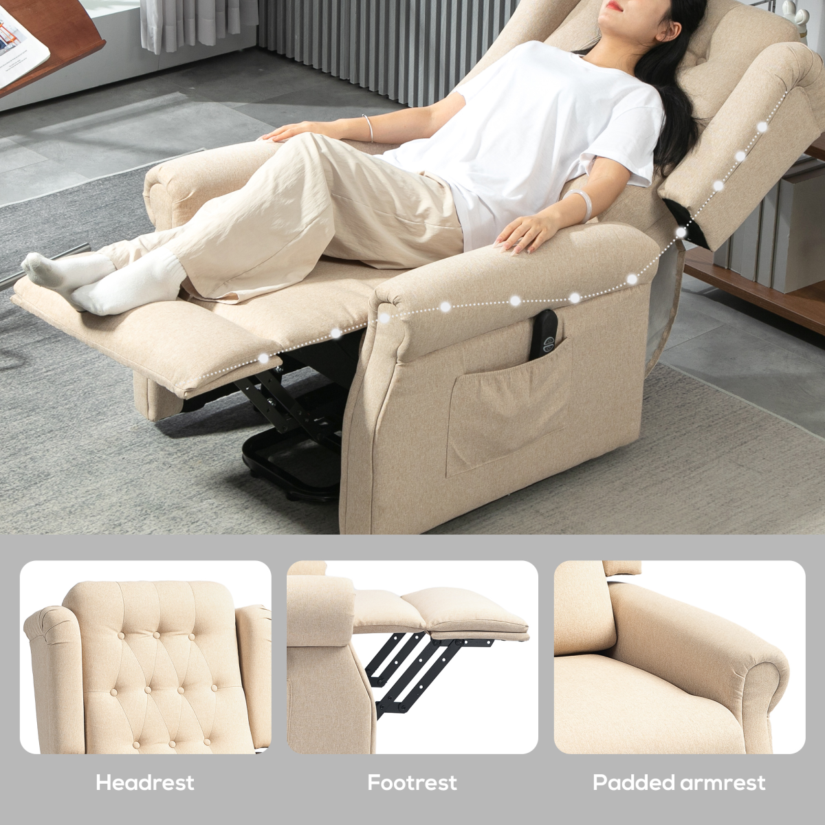 HOMCOM Power Lift Recliner Armchair with Wingback, Button Tufted, Beige